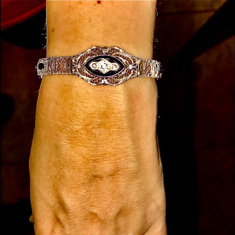 Vintage 1940s 14K Solid White Gold Marquise Diamond & Sapphire Bracelet Rare